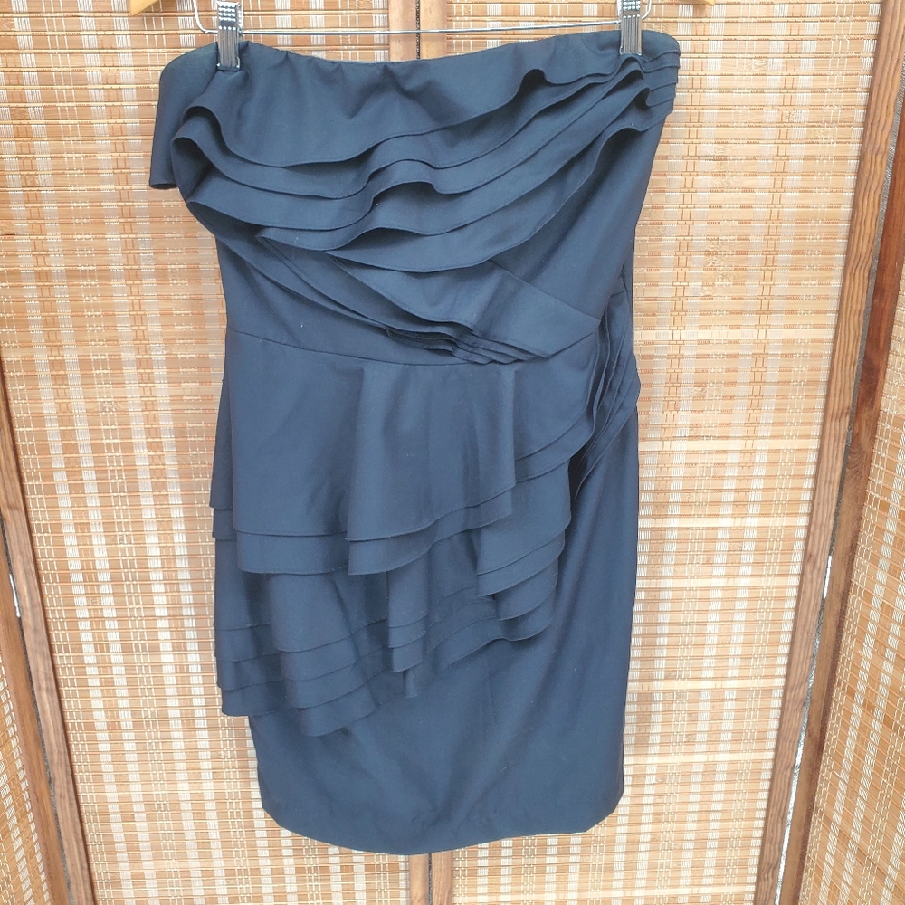 ♧ Aryn K Navy Blue Strapless Ruffled Cocktail Dress Size Medium